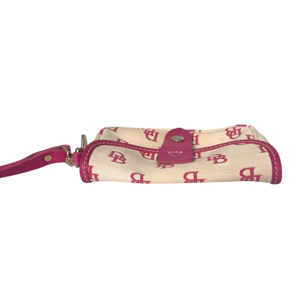 Dooney & Bourke Cream Logo Canvas Wristlet Pouch Pink Leather Trim Snap Wallet - Picture 3 of 12